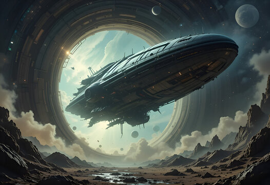 Interstellar Metropolis: Futuristic Orbital Habitat with Cosmic Vistas and Abstract Design