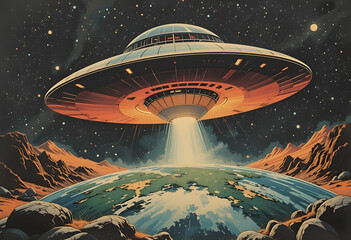 Cosmic Landing: Majestic UFO Descending with Beam Over an Alien Planet Landscape