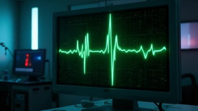Real Time ECG Monitor Display Showing Heartbeat Waveform on Arrival. Medical EKG Screen Graphic.