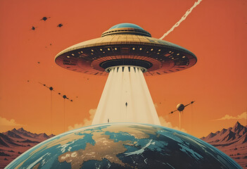 Interstellar Arrival: Retro Sci-Fi Spaceship Above a Desolate World Under Starry Skies