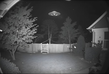 Suburban Sky Watch: Monochrome View of a Mysterious UFO Hovering Over a Backyard at Night