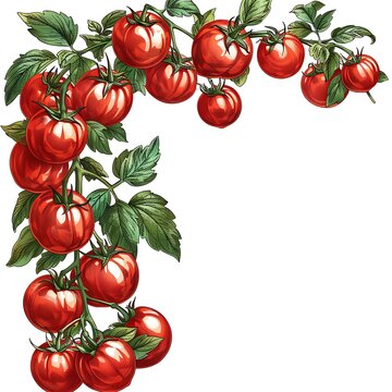 Corner border with ripe tomatoes and leafy plant in decorative botanical illustration high resolution picture