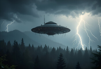Stormy Alien Presence: UFO Hovering Over a Dark Forest During a Lightning Storm