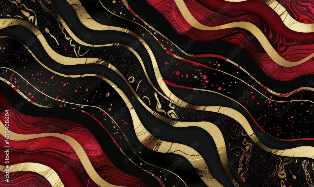 Poster abstract fluid art with gold accents and flowing wave patterns background