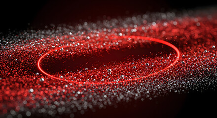 A vibrant red glowing ellipse surrounded by a dynamic cluster of sparkling silver and red particles.