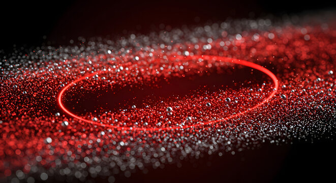 A vibrant red glowing ellipse surrounded by a dynamic cluster of sparkling silver and red particles. - Powered by Adobe