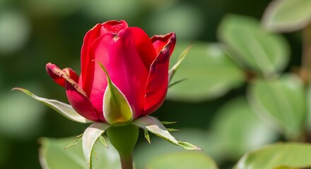 Close-up of a beautiful single red rose bud just beginning to bloom against a soft green background in a garden