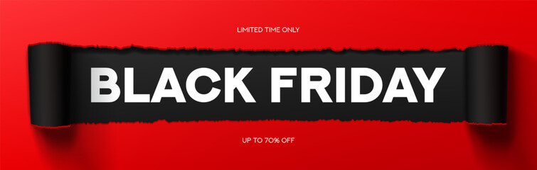 Black Friday banner template. Realistic red and black strip of torn paper with lettering Black Friday and discount offer. Design template for Black Friday sale, promotion, ads and social media.