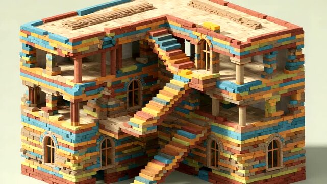 Isometric perspective of an impossible building made of colorful bricks and endless staircase