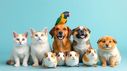 A group of various pets including cats dogs guinea pigs and a parrot posing on a blue background | national dog day