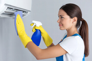 Woman cleaning an air conditioning unit at home