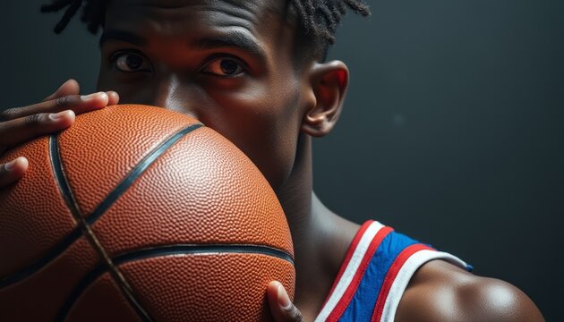 Fototapeta Intense basketball player holding ball close