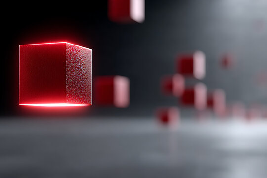 Abstract Red Cube with Glowing Edges in Dark Background for Modern Design Concepts