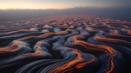 Molten Lava Stream Carving Through Earth in a Fiery Path