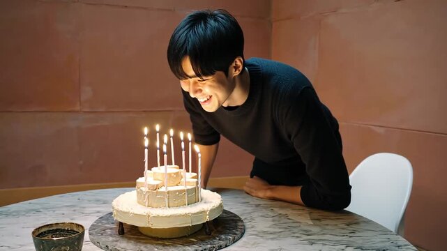 AI Generative Young man blowing out candles on cake, happy birthday celebration