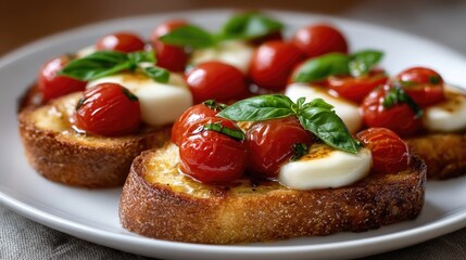Savor the vibrant flavors of bruschetta with mozzarella and cherry tomatoes, garnished with fresh basil on a stylish white plate