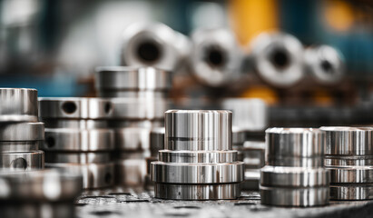 A close-up shot of stainless steel machine parts, including cylinders and other components, arranged neatly on the factory floor.