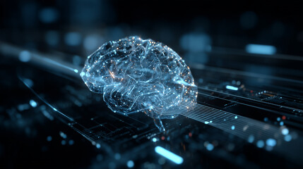 A conceptual image of artificial intelligence, a glowing brain made of circuits, futuristic data streams, cyber blue tones
