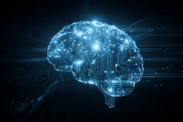 A conceptual image of artificial intelligence, a glowing brain made of circuits, futuristic data streams, cyber blue tones