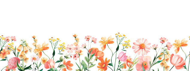 Wild Field flowers Watercolor frame illustration Botanical hand drawn garden plants. Seamless pattern border herbs and leaves for bouquets and natural elements for cards and invitation