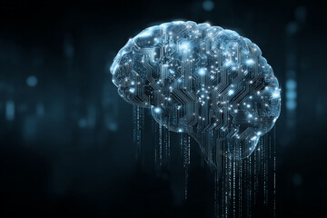 A conceptual image of artificial intelligence, a glowing brain made of circuits, futuristic data streams, cyber blue tones