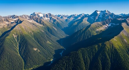 Spectacular aerial view of a lush green valley nestled among snow capped mountains  on a clear