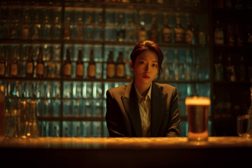Woman in suit at bar with beer