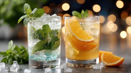 Fototapeta premium Two tall glasses of mojito and iced tea glisten with mint and orange slices, showcasing vibrant colors and textures in a warm setting