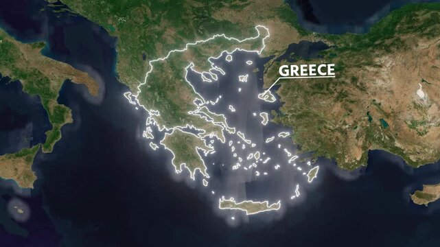 Zoom from Earth to Greece. Glow outline map animation satellite view with highlighted country borders. Cinematic documentary 3d world map animation highlights aerial views, tourism, and travel. 4k