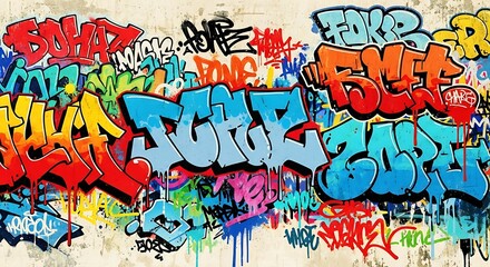 Naklejka premium Dynamic and vibrant graffiti art featuring colorful tags and street style lettering