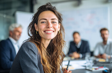 A photo of a happy business woman sitting at the table with her team in a conference room