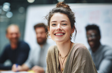 A photo of a happy business woman sitting at the table with her team in a conference room