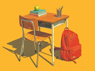An ultra-photorealistic cinematic wide shot of a light brown school desk and a metal-framed chair with a wooden seat and backrest