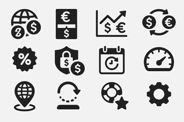 Finance, business solid icon set. budget, investment tools everyday essentials