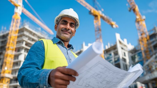 South Asian male immigrant construction engineer wearing a hard hat and safety vest holding blueprints at a construction site. Emigration to another country. Cranes and scaffolding behind. Copy space - Powered by Adobe