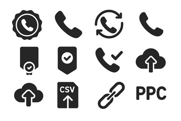 Communication and cloud solid icon set. call, upload, and data transfer collection