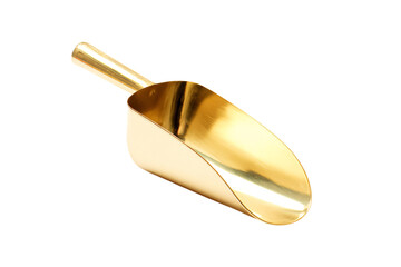 a gold metal scoop with a handle