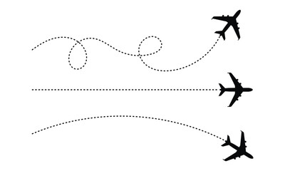Airplane with dotted line route. flying plane with twisted, curved and straight dashed trace path vector on transparent PNG. 