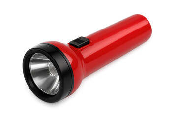 Red plastic flashlight casting a bright light, isolated on a transparent background, perfect for projects related to emergency preparedness, camping, or power outages