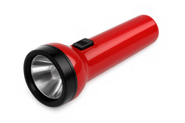 Red plastic flashlight casting a bright light, isolated on a transparent background, perfect for projects related to emergency preparedness, camping, or power outages
