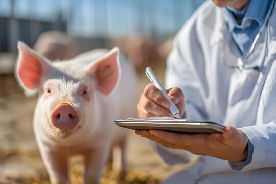 Veterinarian Examining Pig on Farm