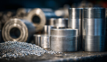 A close-up shot of stainless steel machine parts, including cylinders and other components, arranged neatly on the factory floor.