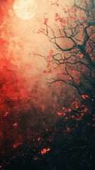 Full Moon Shining Over Silhouette of Tree with Orange Leaves