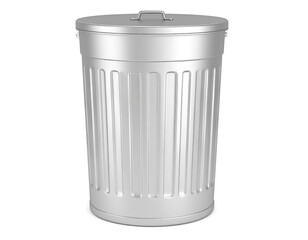 Silver metal trash can on white background. Classic design for urban, retro, or sanitation themes. Generative AI