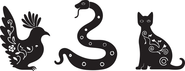 Black silhouette bird snake cat stylized vector