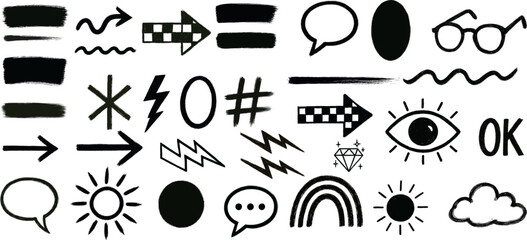 Hand Drawn Doodle Icon Set – Arrows, Speech Bubbles, Sun, Rainbow, Eye, Glasses, OK, Lightning, Hashtag, Minimalist Sketch Clipart