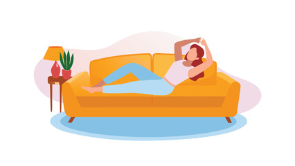 Illustration of a woman relaxing on a yellow couch with a lamp and plant on a side table near her