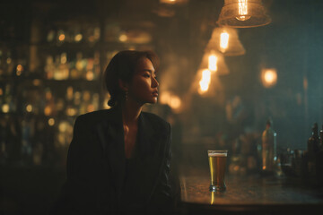 Woman at bar, thoughtful