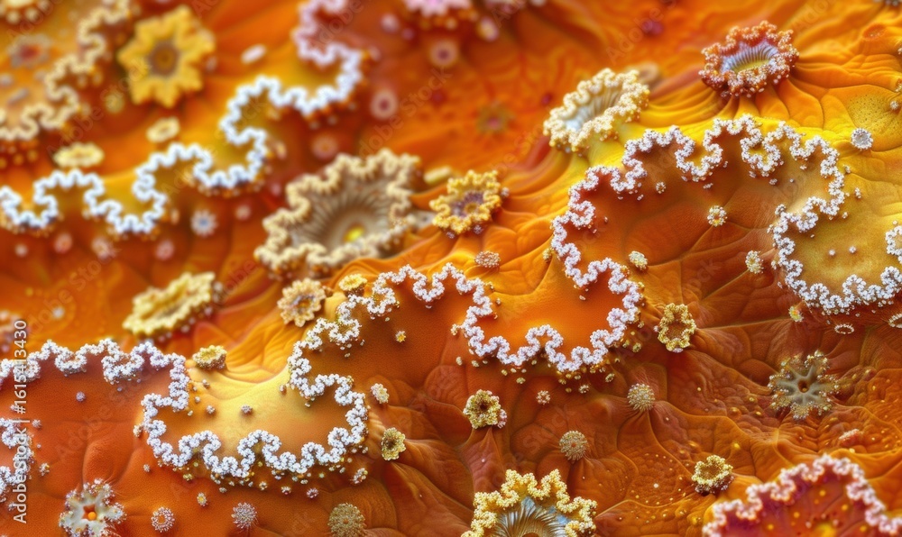 Poster abstract fractal pattern with intricate shapes in orange yellow and white