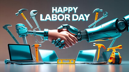 Happy Labor Day: A handshake between a human hand and robotic arm symbolizes labor day with tools and laptop with Happy Labor Day banner.
